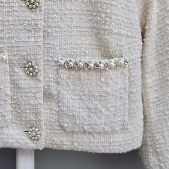 H&M Women's Cream Rhinestone Pearl Buttons Tweed Cropped Jacket Blazer Medium - Picture 4 of 5